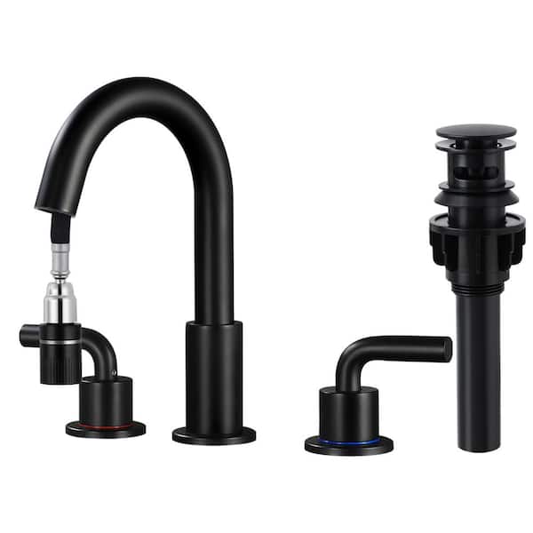 8 in. Widespread Double Handle Bathroom Faucet with Pull Out Sprayer, Bathroom Sink Faucet Pop-Up Drain, in Matte Black