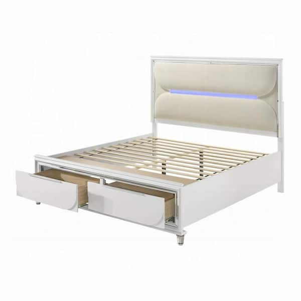 Benjara Rara Pearl White Wood Frame Queen Platform Bed with 2-Storage Drawers and LED Headboard