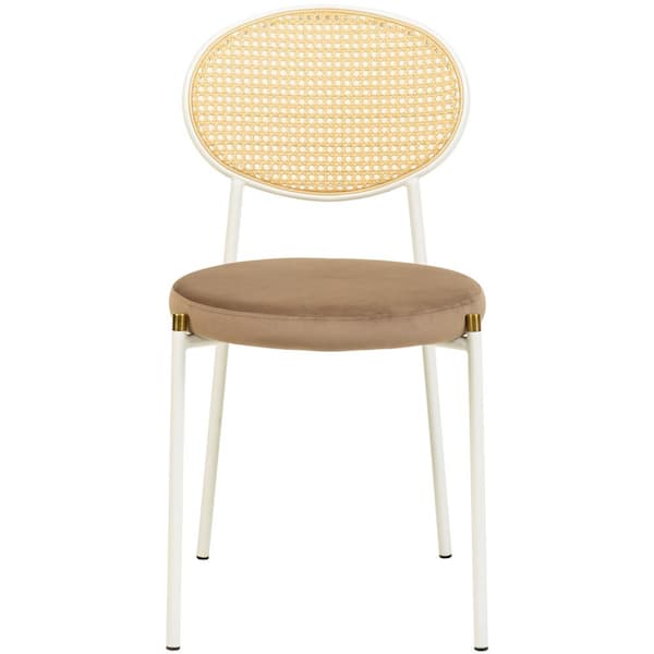 Leather Dining Chair Armless Rattan Back Side Chair in White Stainless Steel Euston Collection in Brown