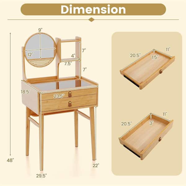 1-Piece Natural 23.5 in. Compact Makeup Vanity Table with 2-Drawers Open Storage Shelves and Glass Top