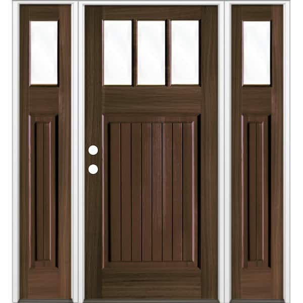 64 in. x 80 in. Craftsman 3-Lite Clear Glass VG Black Stain Right Hand Hemlock Wood Prehung Front Door w/DSL