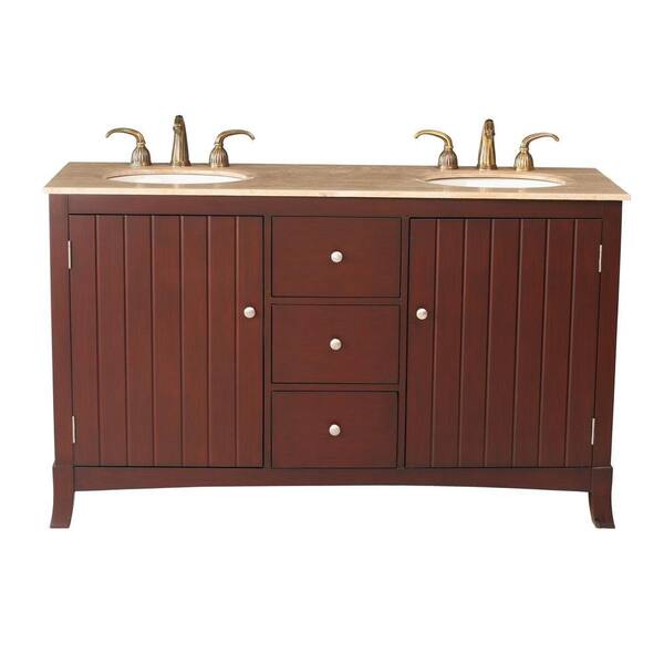 stufurhome Alexis 60 in. Vanity in Dark Cherry with Marble Vanity Top in Travertine with White Undermount Sinks-DISCONTINUED