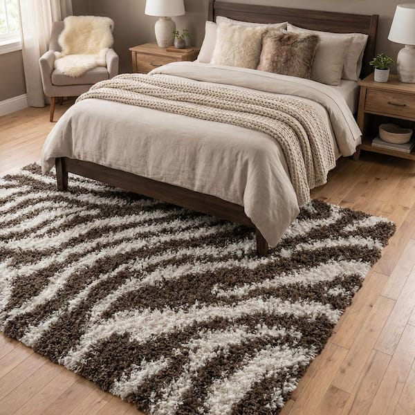 Madison Shag Safari Zebra Brown 3 ft. x 5 ft. Contemporary Geometric Area Rug