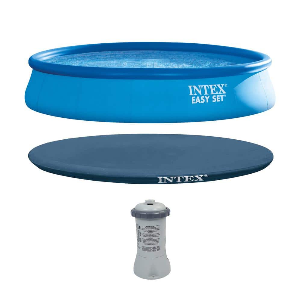 Intex 15 ft. x 33 in. Round Easy Set Above Ground Swimming Pool, Filter Pump and Cover Tarp, Blue -  124592