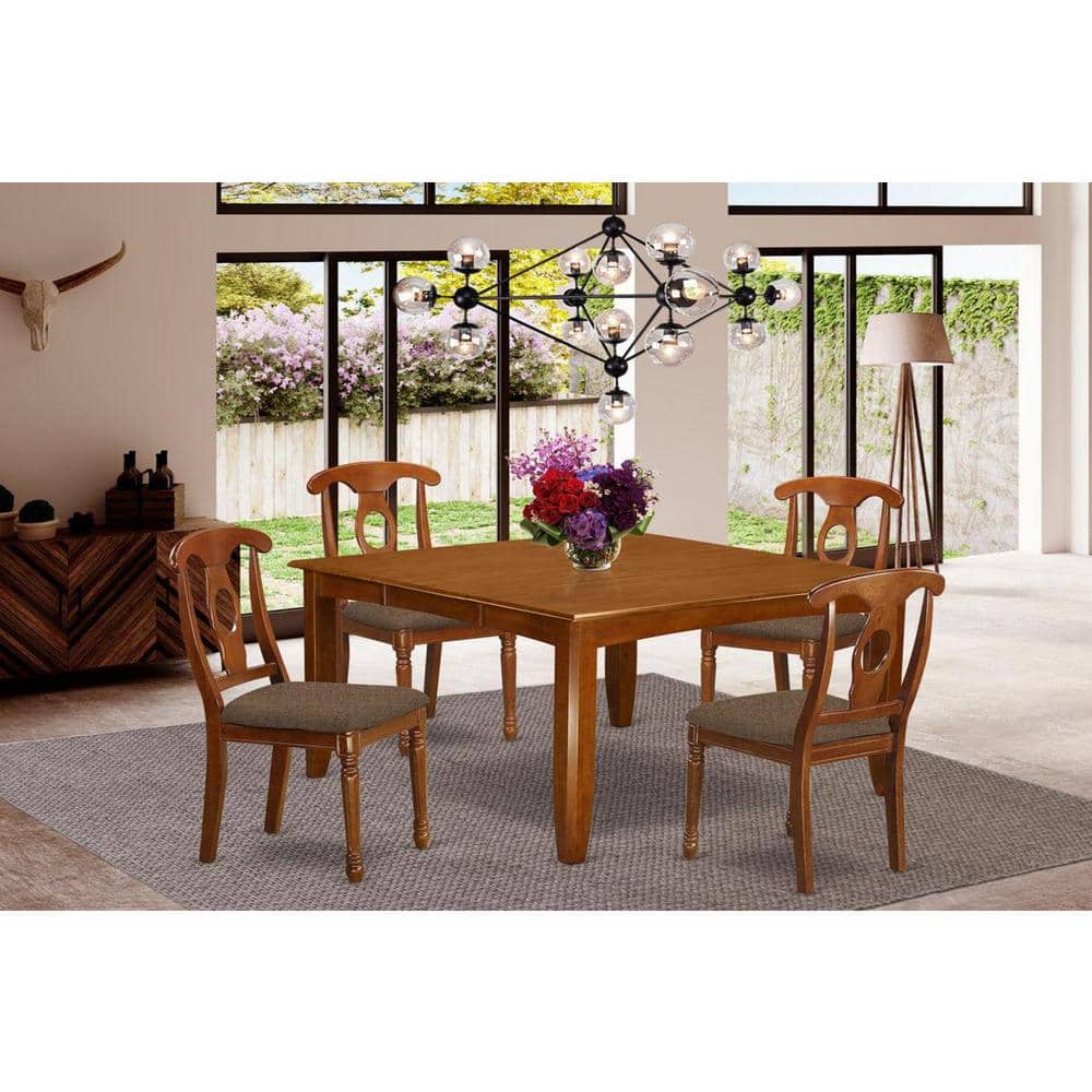 Saddle Brown Solid Wood Square Dining Table Set with 4 Lattice Back Chairs
