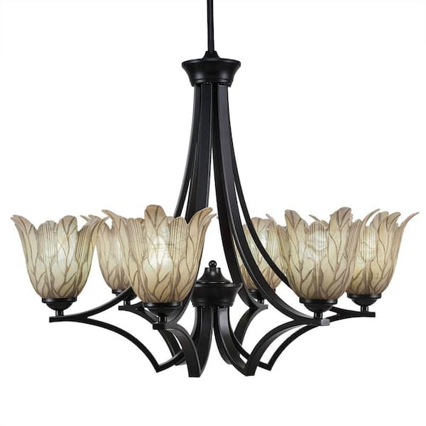 Unbranded Clevelend 6-Light Matte Black Round Chandelier with 7 in. Vanilla Leaf Glass Shades, No bulbs included