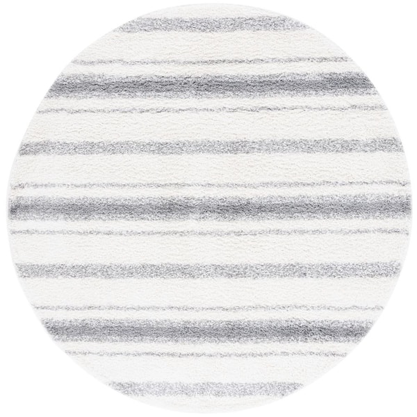 SAFAVIEH Border and Stripe Shag 7 ft. x 7 ft. Ivory/Gray Faded Striped Round Area Rug