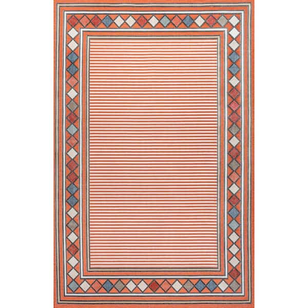 Sebastian Orange/Ivory 8 ft. x 10 ft. High-Low Modern Diamond Border Indoor/Outdoor Area Rug