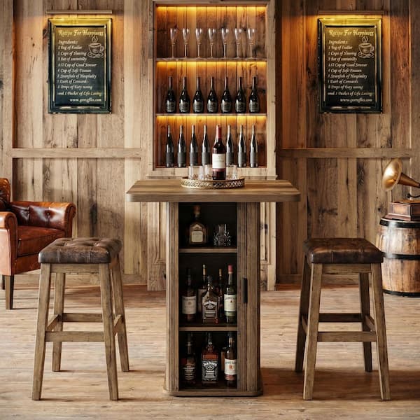 Adan 35.4 in. H Home Brown Wood Modern Bar Corner Mini Unit Modern Simple 2 Storage Shelves Base Pub Kitchen Table