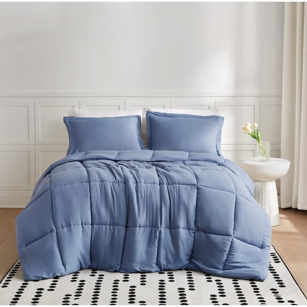 Garment Wash Solid Microfiber Blue Full/Queen 3-Piece Comforter Set