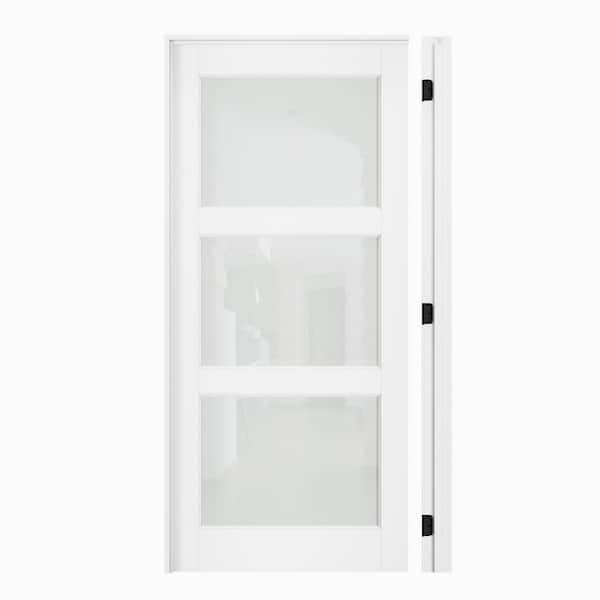 36 in. x 80 in. 3-Lite Frosted Glass Right Hand White Solid Core Glass Single Prehung Interior Door+ Quick Assemble Jamb