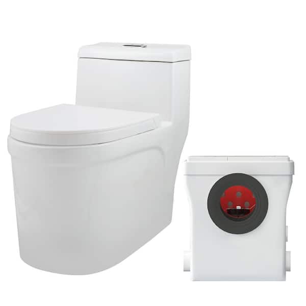 1-Piece 1.0/1.6 GPF Dual Flush Elongated Macerating Toilet in White, with 600W Powerful Macerating Pump for Basement