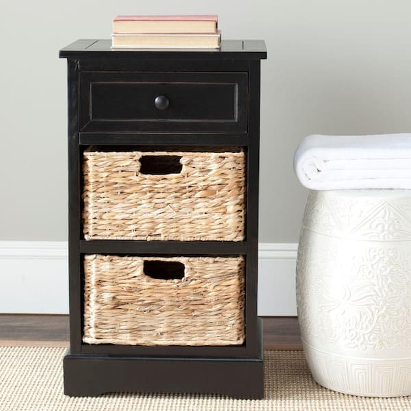 Safavieh Carrie Distressed Black, Black Side Table With Wicker Baskets