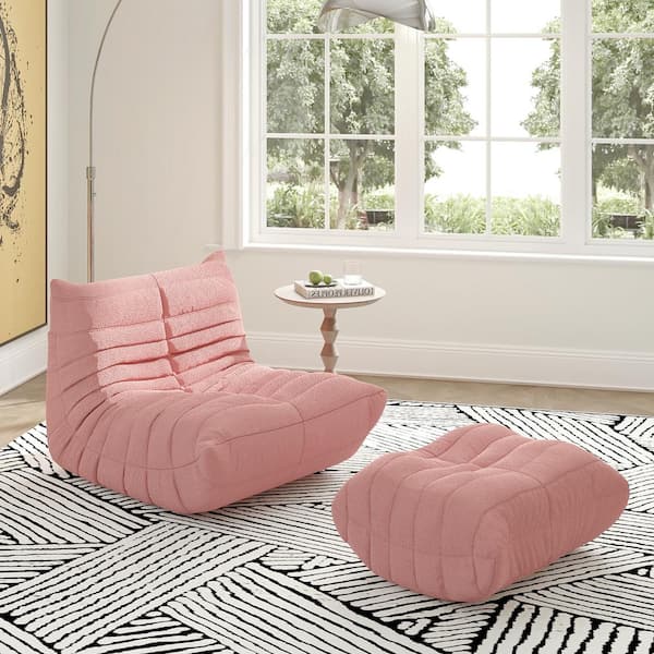 Magic Home Set of 2 Pink Teddy Velvet Polyester 34 in. Fireside Lazy Bean Bag Chair Rebound Sponge Lounge Floor Sofa with Ottoman