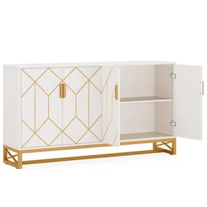 Ahlivia White and Gold Wood 59in. Buffet Cabinet with Storage Shelves Kitchen Sideboard Storage Cabinet