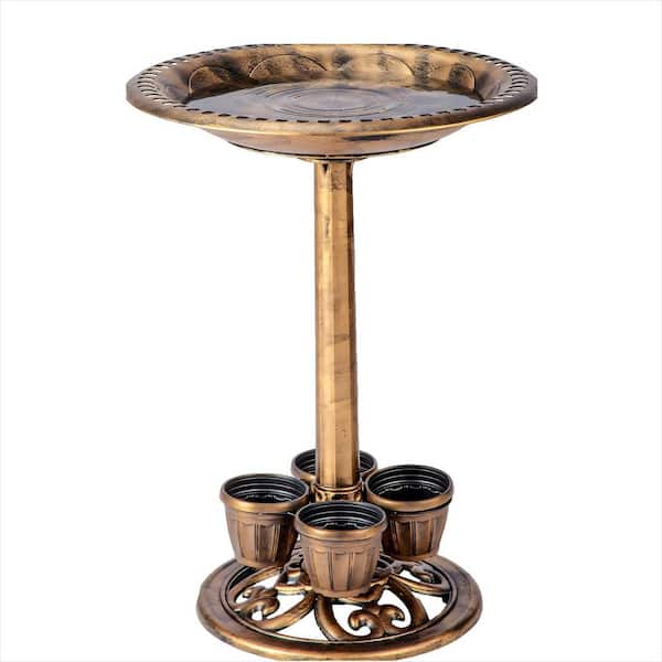 28 in. Polyresin Lightweight Vintage Birdbath with 4 Removable Flower Planters, Water Feeder Yard Gardan Decor, Bronze