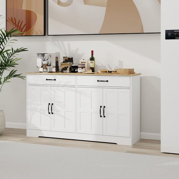 Otryad Farmhouse Buffet Cabinet Storage Sideboard with 2-Drawers and 4-Doors for Dining Living Room Kitchen Cupboard in White