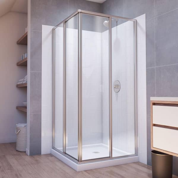 DreamLine Corner View 36 in. W x 36 in. D x 78-3/4 in. H Sliding Shower Enclosure Base and White Wall Kit in Brushed Nickel