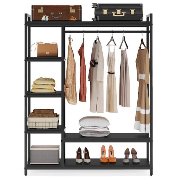 Carmalita Black Wood 47.3 in. Armoire 4-tier Shelf Freestanding Clothing Rack for Bedroom Living Room Modern Simple
