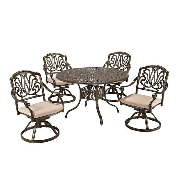 HOMESTYLES Capri Taupe Tan Brown 48 in. 5-Piece Cast Aluminum Round Outdoor Dining Set with Natural Tan Cushions