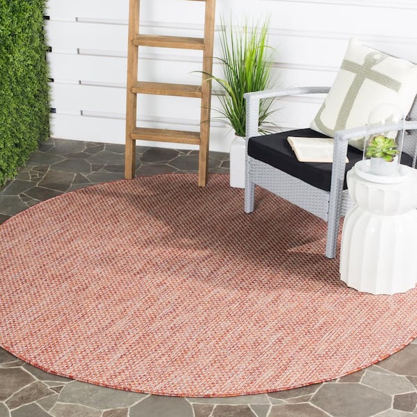 Courtyard Red/Beige 8 ft. x 8 ft. Solid Distressed Indoor/Outdoor Patio  Round Area Rug