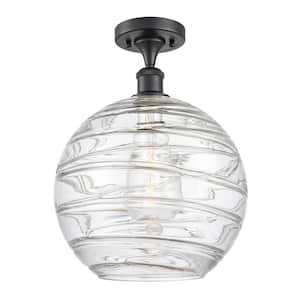 Athens Deco Swirl 12 in. 1-Light Matte Black Semi-Flush Mount with Clear Deco Swirl Glass Shade