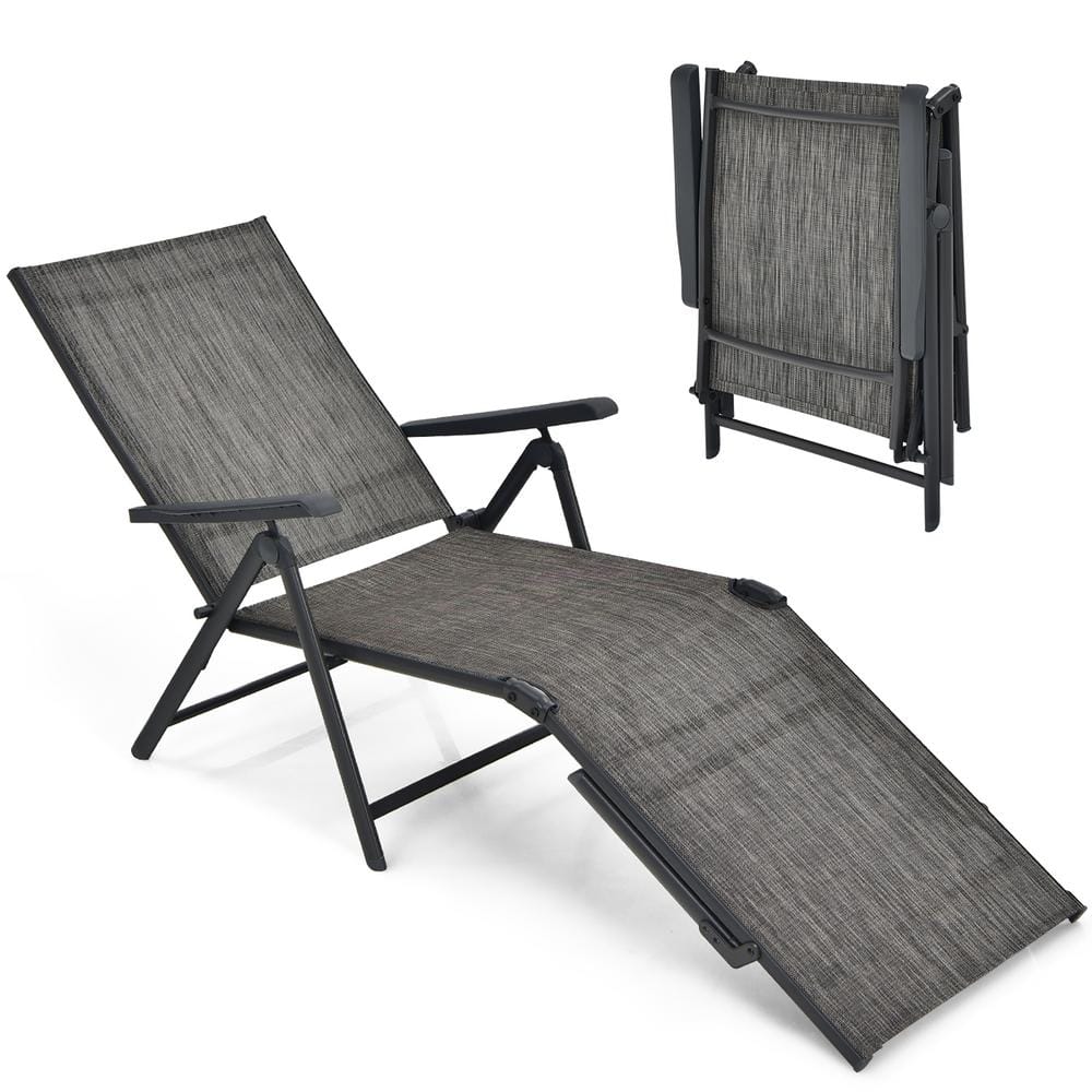 Costway Folding Metal Outdoor Chaise Lounge Chair Portable Reclining Lounger Beach in Grey