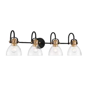 Monico 35.75 in. 4-Light Black and Natural Brushed Brass Vanity Light with Clear Seeded Glass Shades