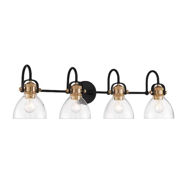 Minka Lavery Monico 35.75 in. 4-Light Black and Natural Brushed Brass Vanity Light with Clear Seeded Glass Shades