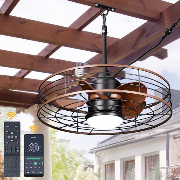 Oaks Aura 23.6 in. Smart Outdoor Matte Black Industrial Caged Ceiling Fan with LED Light