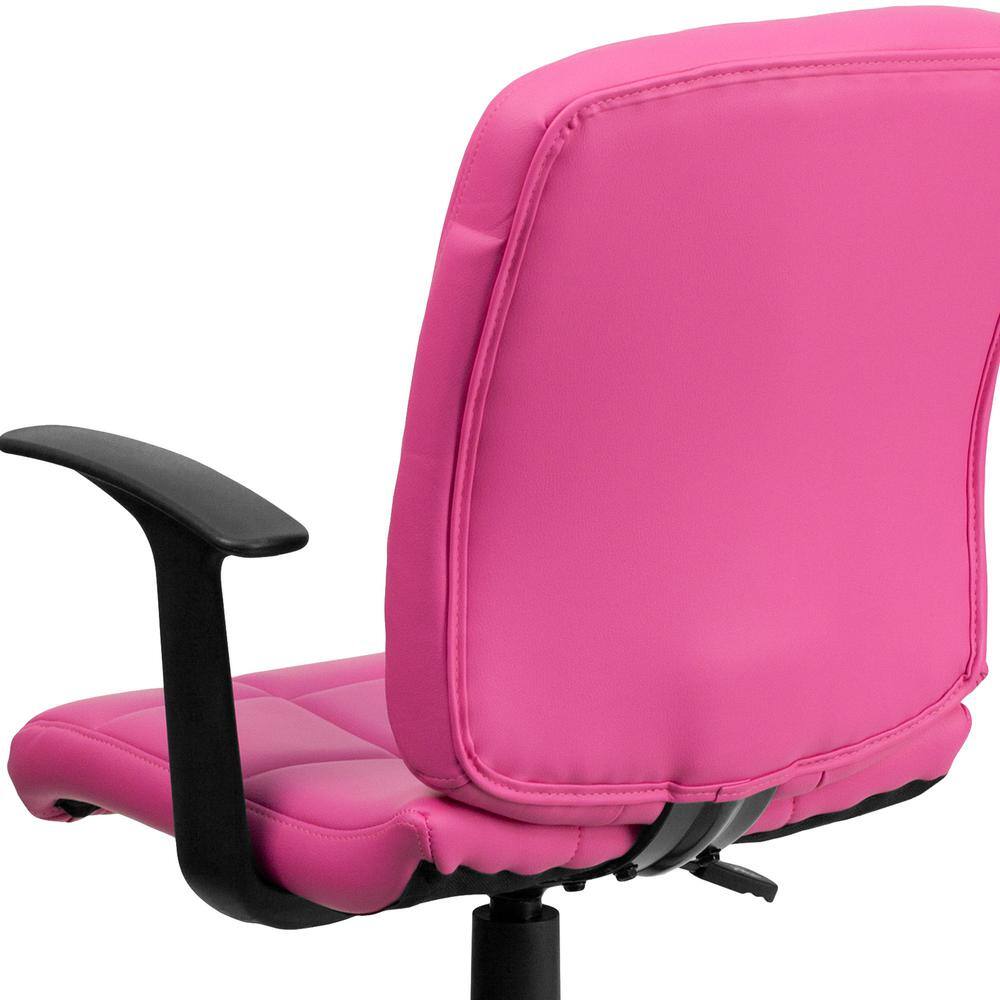Elegant Mid-Back Pink Quilted Vinyl Swivel Task Chair with Arms
