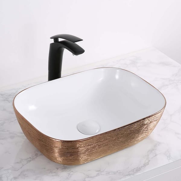 Pietra 20 in. Square Above Counter Vanity Bathroom Vessel Sink in White Porcelain Ceramic and Copper Decorative Art