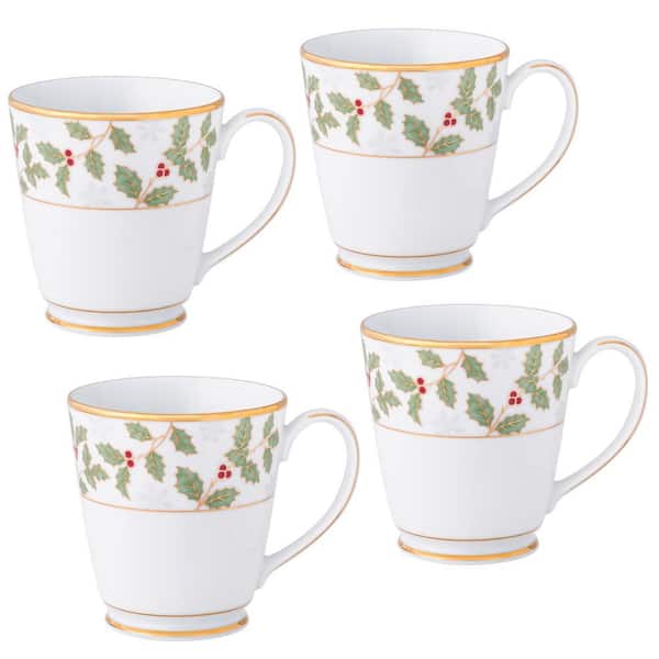 Holly and Berry Gold 12 fl. oz. (White) Porcelain Mugs, Set of 4