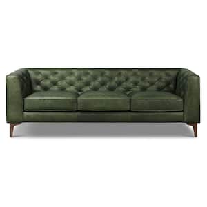 Essex 89 in. Square Arm Leather Rectangle 3-Seater Sofa in. Olivine Green