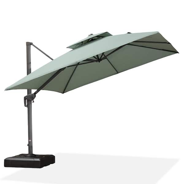 PURPLE LEAF 10 ft. Square 2-Tier Aluminum Cantilever 360° Rotation Patio Umbrella with Base, Mint Green