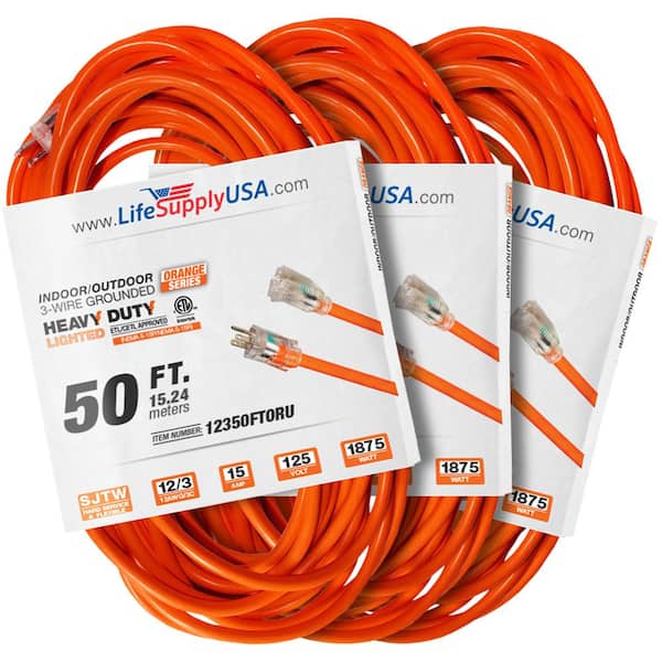 LifeSupplyUSA 50 ft. 12-Gauge/3 Conductors SJTW Indoor/Outdoor Extension Cord with Lighted End Orange (3-Pack)