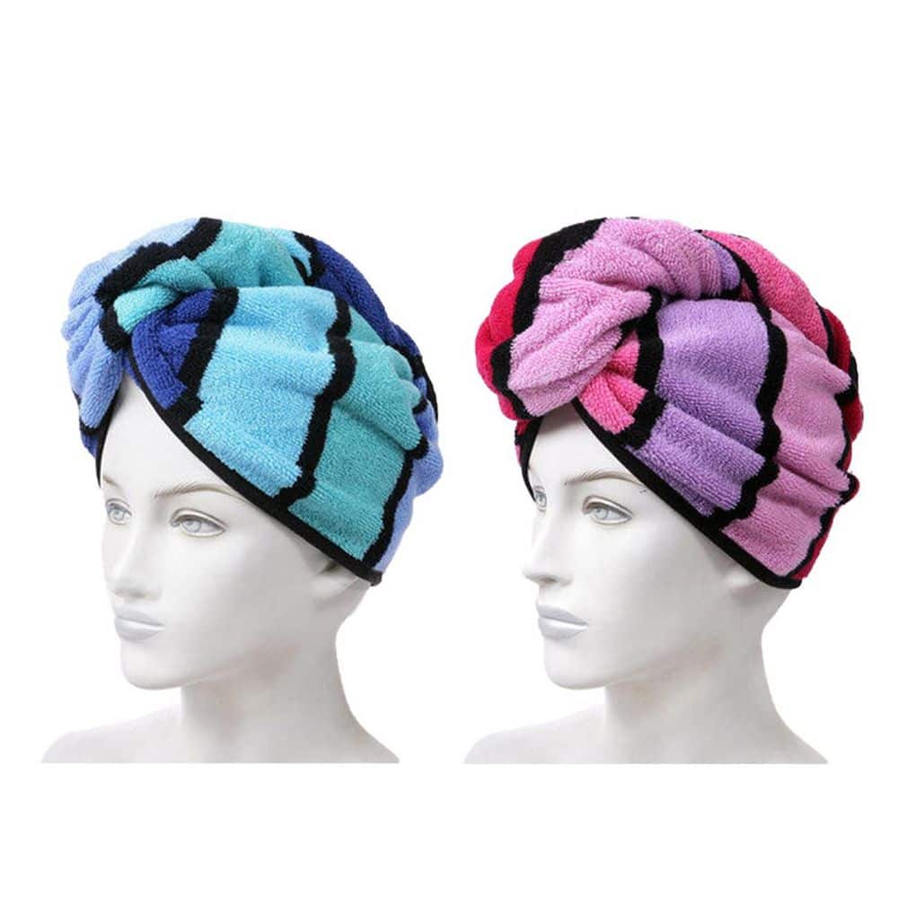 Red and Blue Cotton Hair Towel Wrap with Button, 2-Pack Hair Drying Turbans for Women