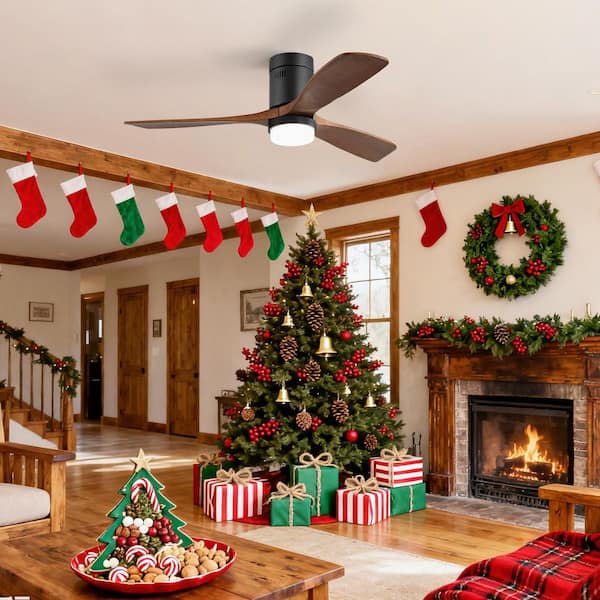 52 in. Indoor Black Flush Mount Wood Ceiling Fan with Light, Adjustable White Integrated LED and Remote Included