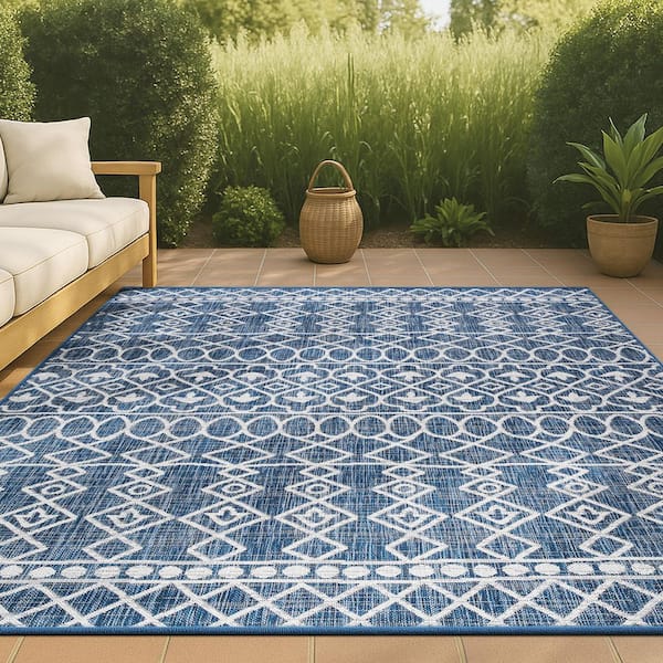 JONATHAN Y Kafel Coastal Bohemian Blue/Ivory 5 ft. x 8 ft. Indoor/Outdoor Area Rug