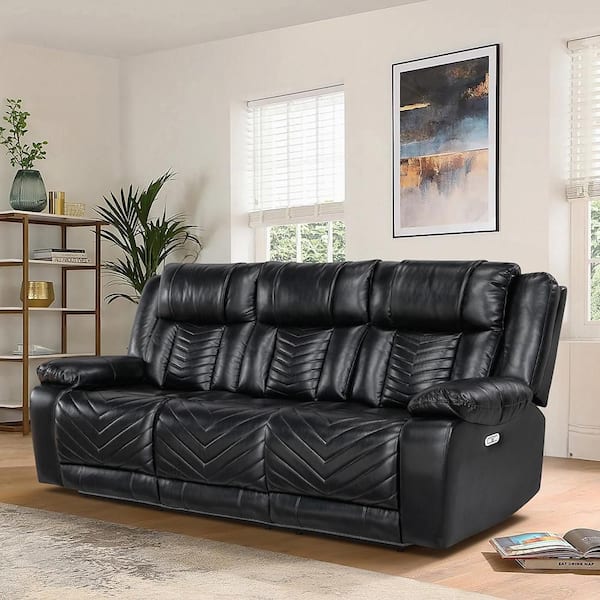 Durant 87 in. W Pillow Top Arm Faux Leather Rectangle Power Double Reclining Sofa in Black
