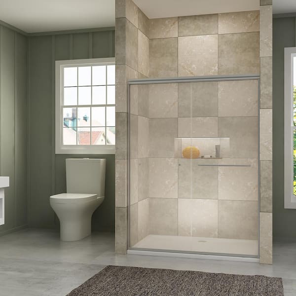 TOOLKISS 54 in. W x 72 in. H Sliding Semi-Frameless Shower Door in Brushed Nickel with Clear Glass