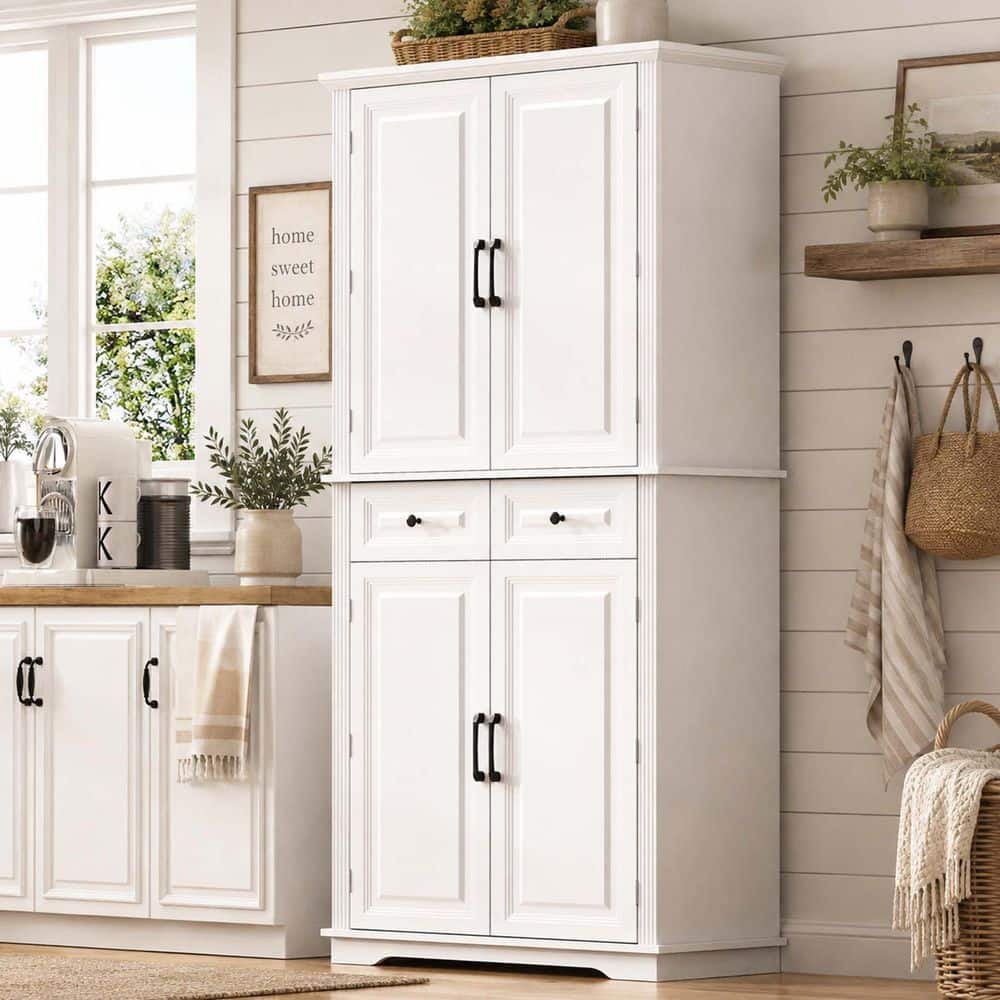71 in. Tall White Wood Kitchen Pantry Cabinet with 3 Pull Out Cabinet Organizers