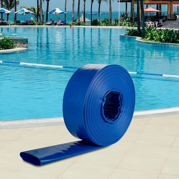 Discharge Hose, 1-1/2 in. PVC Fabric Lay Flat Hose, Heavy Duty Backwash Drain Hose with Clamps, for Swimming Pool, Blue