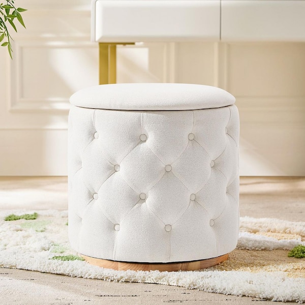 Tiffany White Polyester Round Ottoman with 360-degree Swivel Solid Wood Base