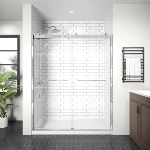 Modern 60 in. W x 74 in. H Double Sliding Frameless Shower Door in Chrome Finish with 5/16 in. (8mm) Clear Glass