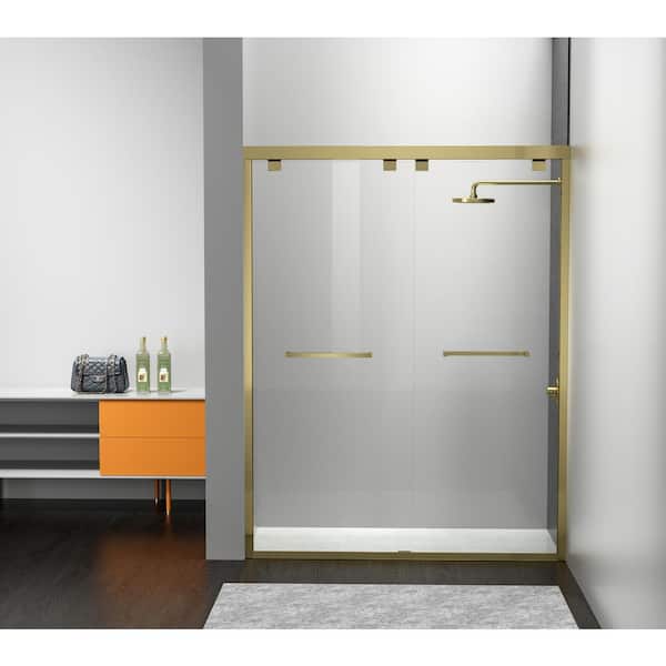 Unbranded Simply Living 60 in. W x 76 in. H Semi-Frameless Sliding Shower Door in Brushed Gold with Clear Glass