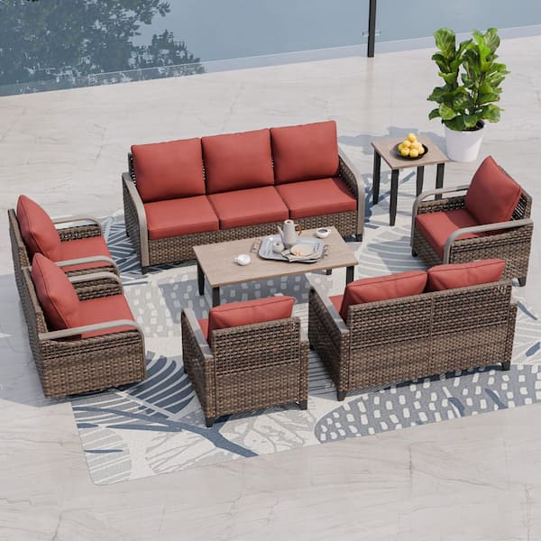 8-Piece Wicker Outdoor Patio Conversation Set with Red Cushions, Side Table and Coffe Table