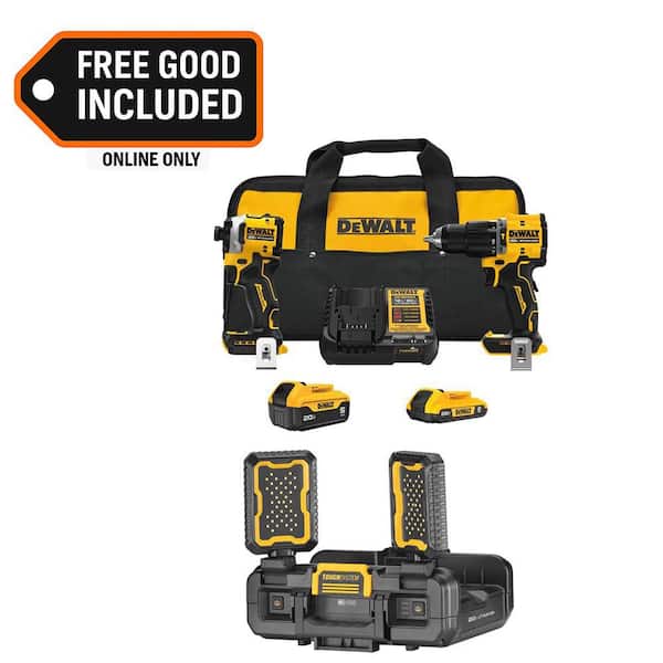 ATOMIC 20V Lithium-Ion Cordless 2-Tool Combo Kit and Cordless LED Work Light with 5 Ah and 2 Ah Batteries and Charger