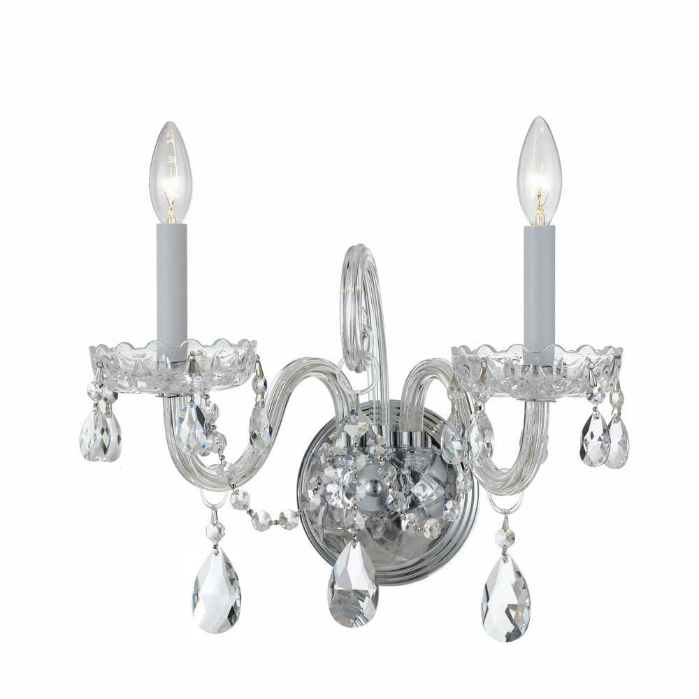 Elegant Polished Chrome 2-Light Wall Sconce with Clear Hand Cut Crystals