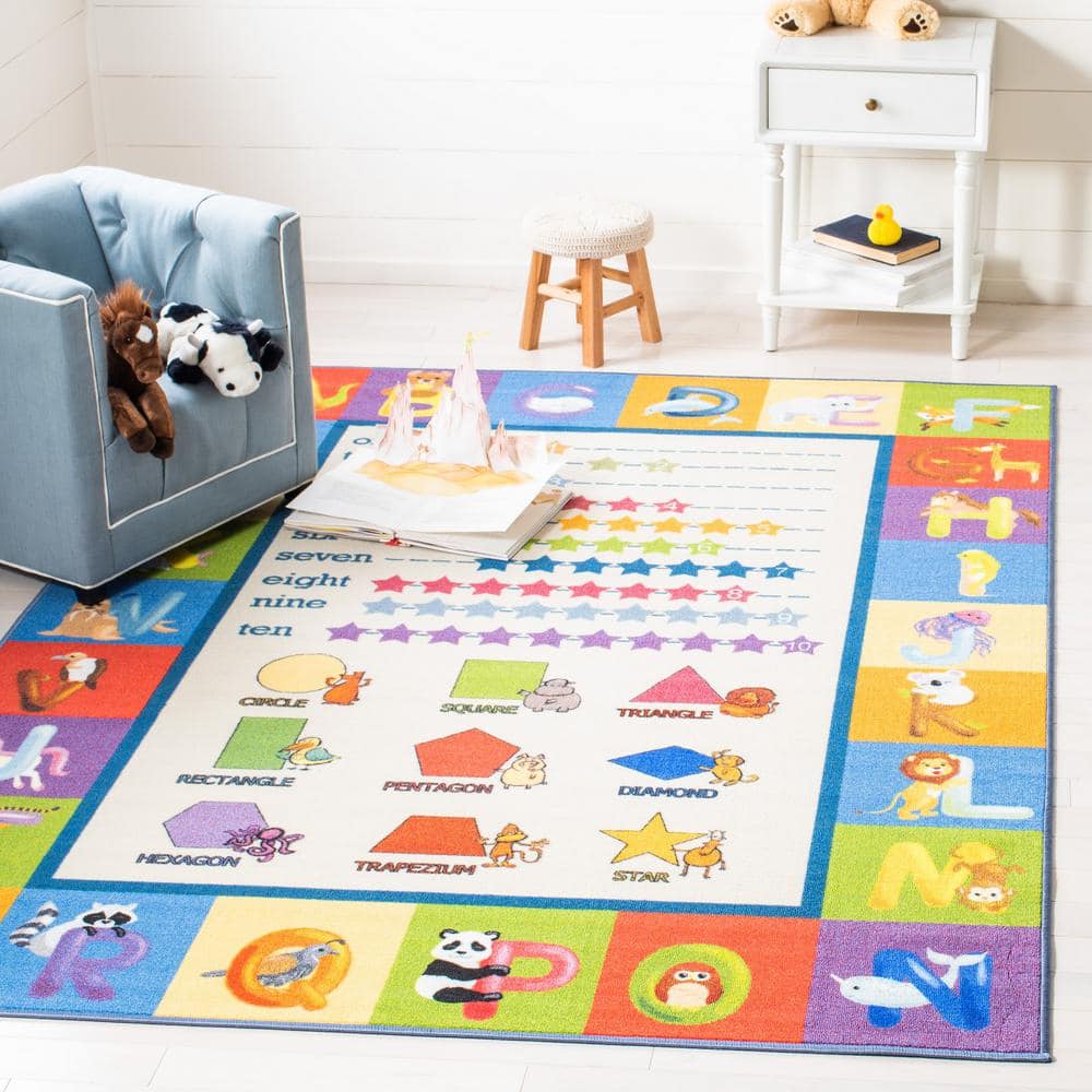 Blue Rectangular Hand-knotted Washable Kids Rug, 5' x 7'